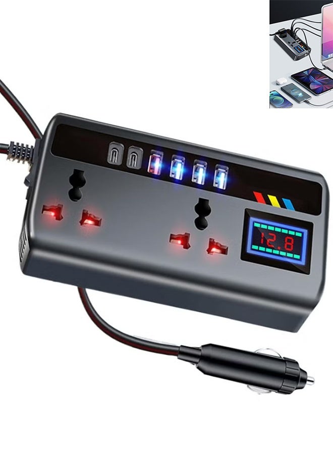 بكومور محول طاقة للسيارة بقدرة 200 واط، يحول التيار المستمر من 12 فولت/24 فولت إلى 220 فولت تيار متردد، مزود بمنافذ USB وType-C، وشاشة عرض جهد LCD، ومفتاح تشغيل مدمج، ومحول طاقة محمول متوافق مع السيارات والشاحنات. - Image 1